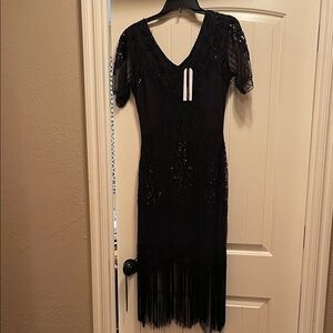 Chic Black Midi Dress with Fringe Accents